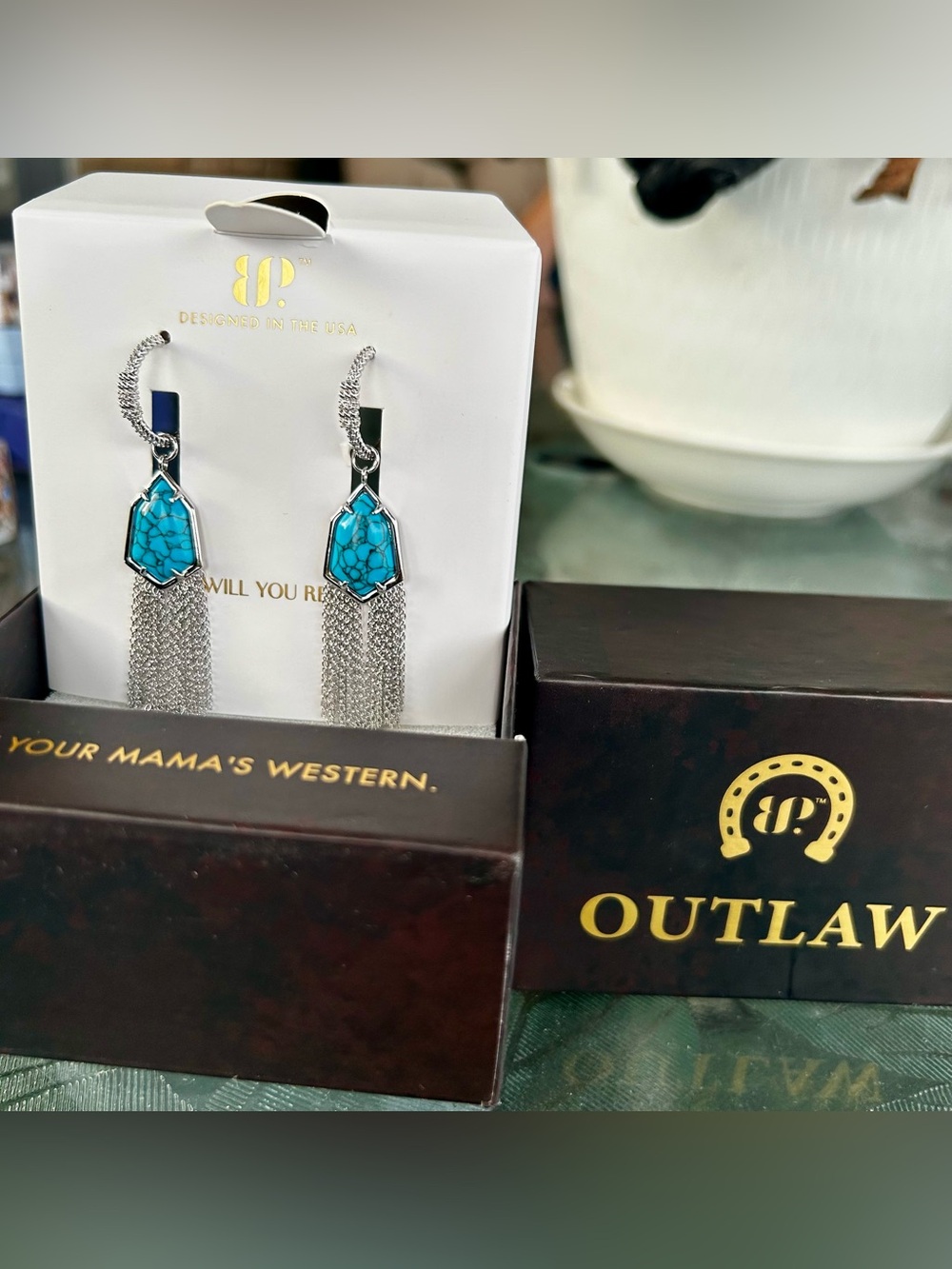 BP Outlaw Silver Tassel Earrings with Turquoise Stone -